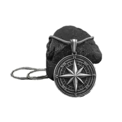 Vintage Titanium Steel Compass Pendant Necklace