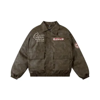 Retro High Street Letter Embroidered Pu Leather Hip Hop Thickened Warm Cotton Coat Jacket