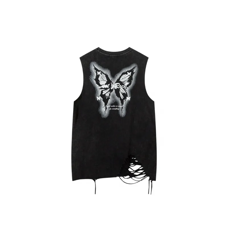 Retro Butterfly Print Distressed Sleeveless Vest-5