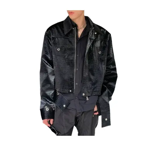 High Street Dark Style High-end Crocodile Pattern Leather Jacket