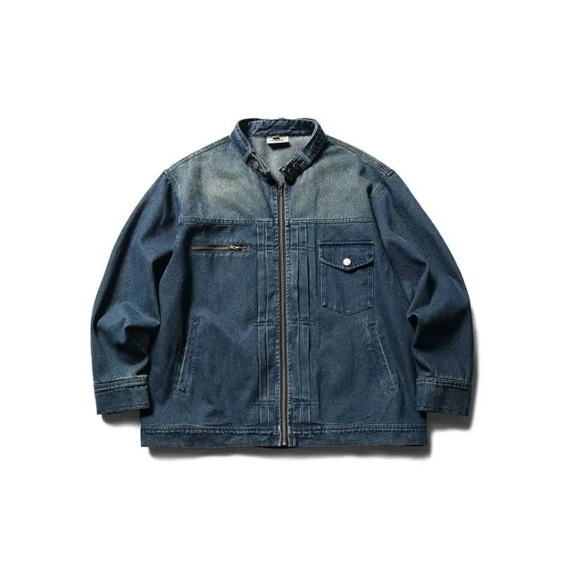 Three dimensional Patch Pocket Collar Denim Top Vintage Zipper Pocket Washed Jacket-0