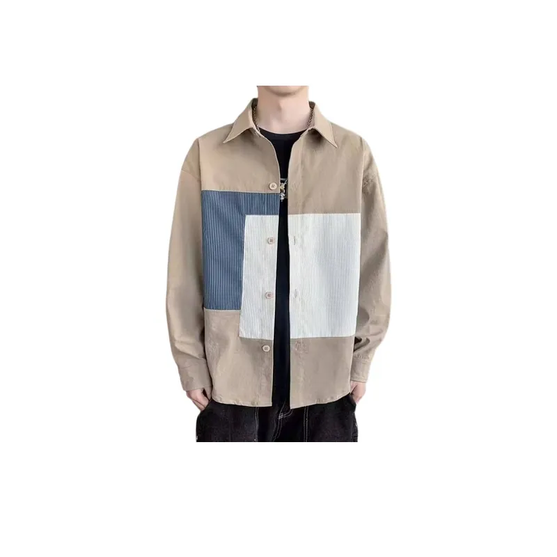 Retro Contrast Color Stitching Tooling Shirt-0