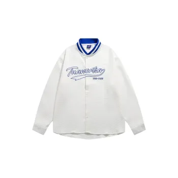 Trendy Texture Contrast Embroidered Baseball Collar Shirt