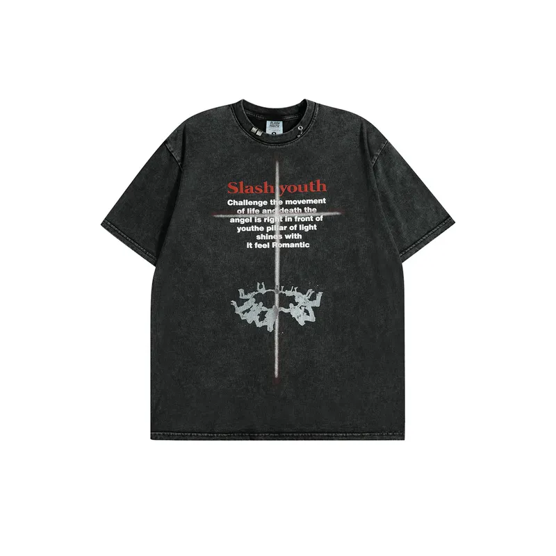 Retro Cross Letter Print Short sleeved T shirt-0