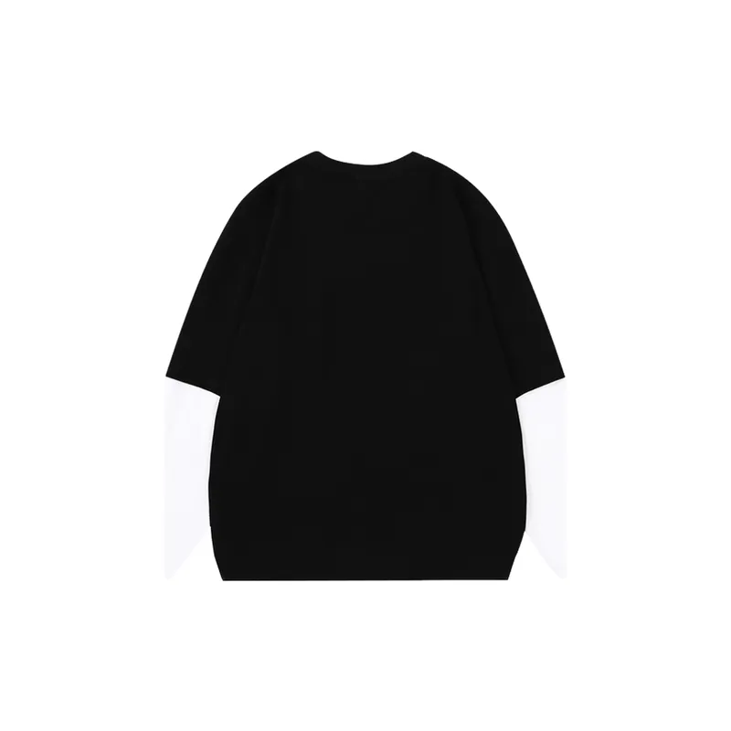 Retro Cartoon Printing Niche Design Contrast Color Stitching Fake Two piece Long sleeved Crewneck T shirt-1