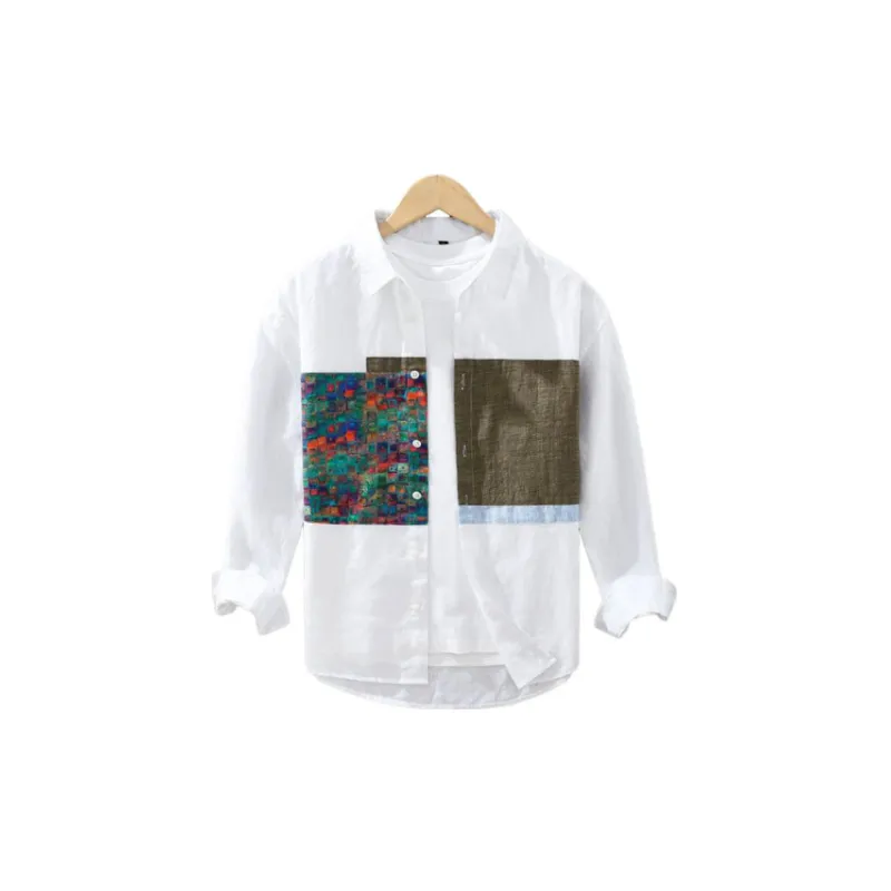 Long-sleeved Printed Stitching Design Casual Loose Shirt-4