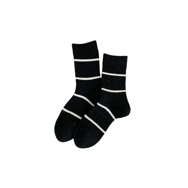 Retro Contrast Color Cotton Mid Calf Sock-4