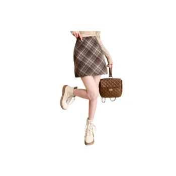 Retro Plaid Woolen Fabric Casual Skirt Women