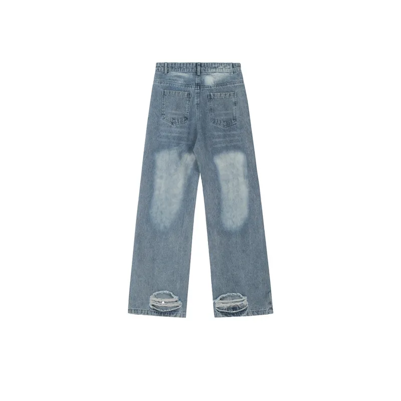 Washed & Distressed Denim Straight Leg Trousers-3