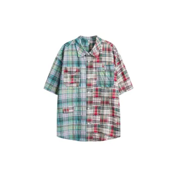 Contrast Color Asymmetric Color Grid Breathable Short Sleeved Shirt