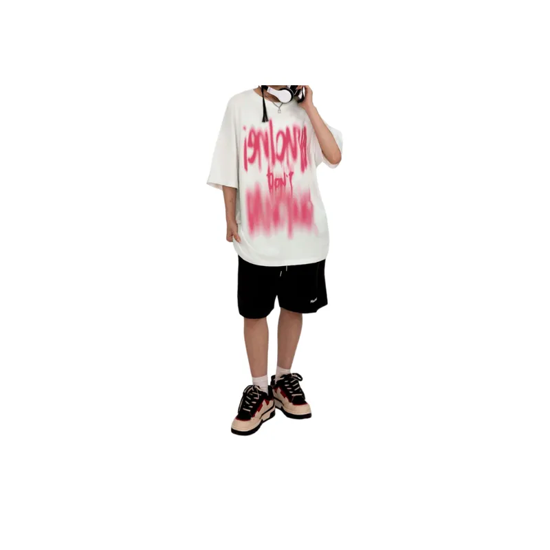 Retro Font Fuzzy Printing Craft Round Neck T shirt-2