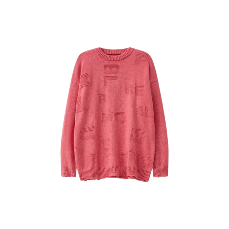 New Irregular Three dimensional Letters Jacquard Pink Round Neck Hole Base Sweater-0
