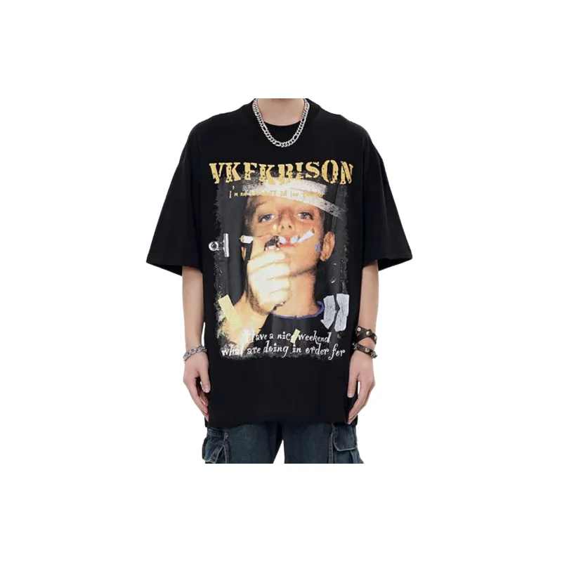 Basics Letter Cotton Blended Fabric T Shirt-2