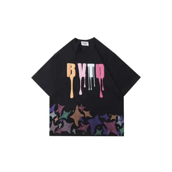 Street Tide Colorful Graffiti Stars Letters Printed Round Neck Short Sleeved T Shirt