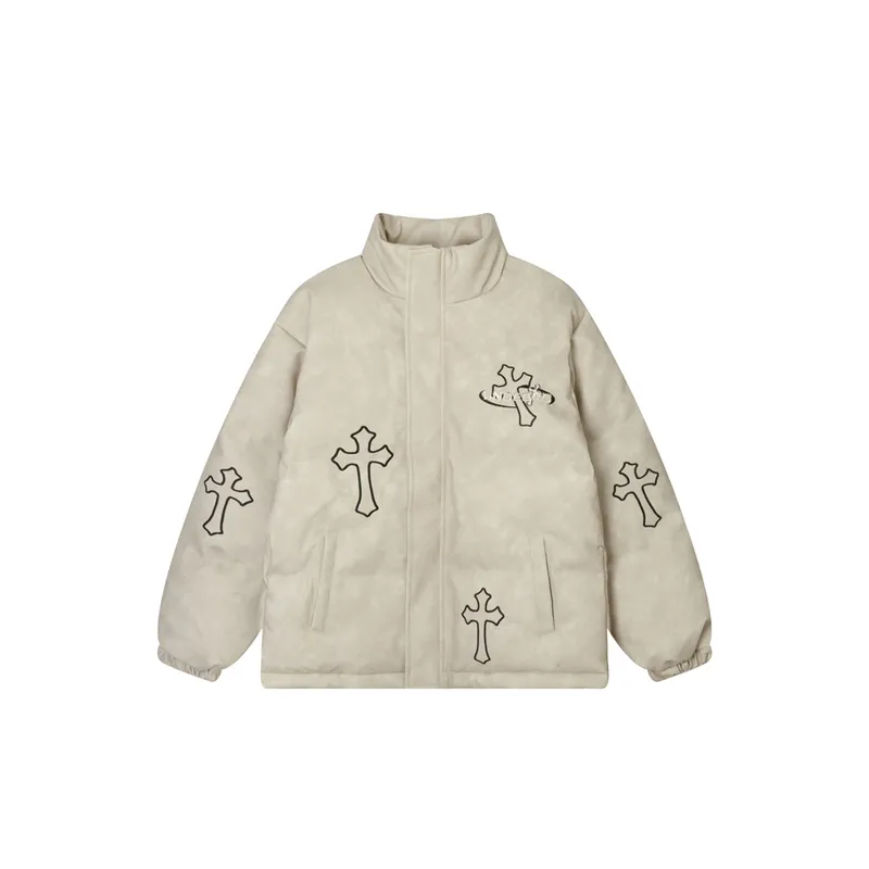 Cross Embroidery PU Leather Warm Cotton padded Jacket