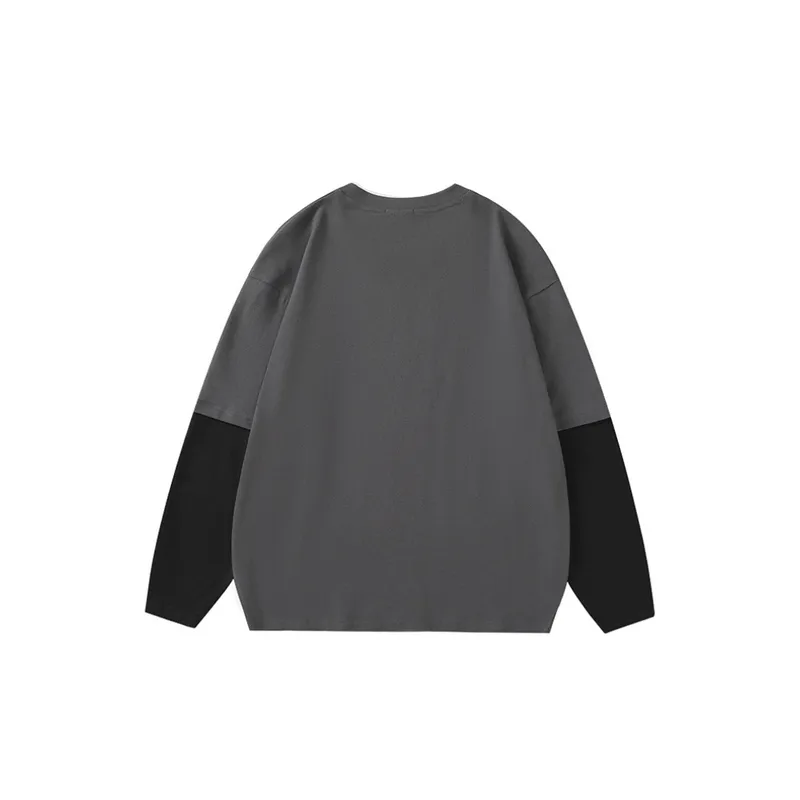 Retro Cartoon Printing Niche Design Contrast Color Stitching Fake Two piece Long sleeved Crewneck T shirt-7