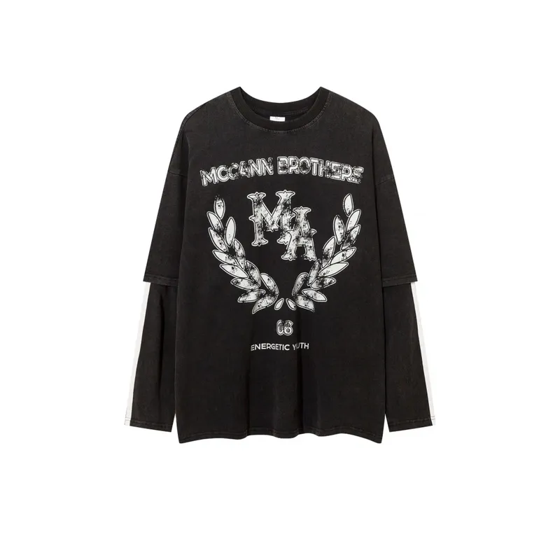 Vintage Patchwork Fake Two Piece Long Sleeved T Shirt-4