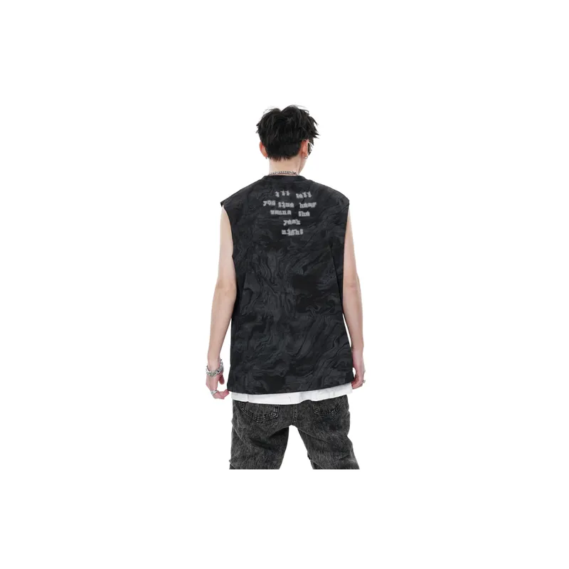 Trendy Vintage Batik Ink Letter Printing Vest-3