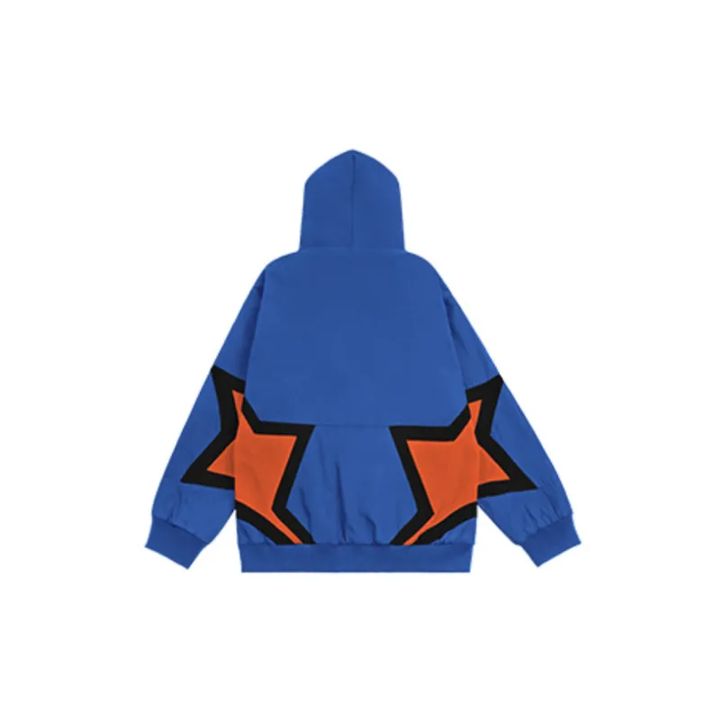 Retro Star Contrast Color Stitching Ins Hip hop Street Loose Hooded Jacket-3