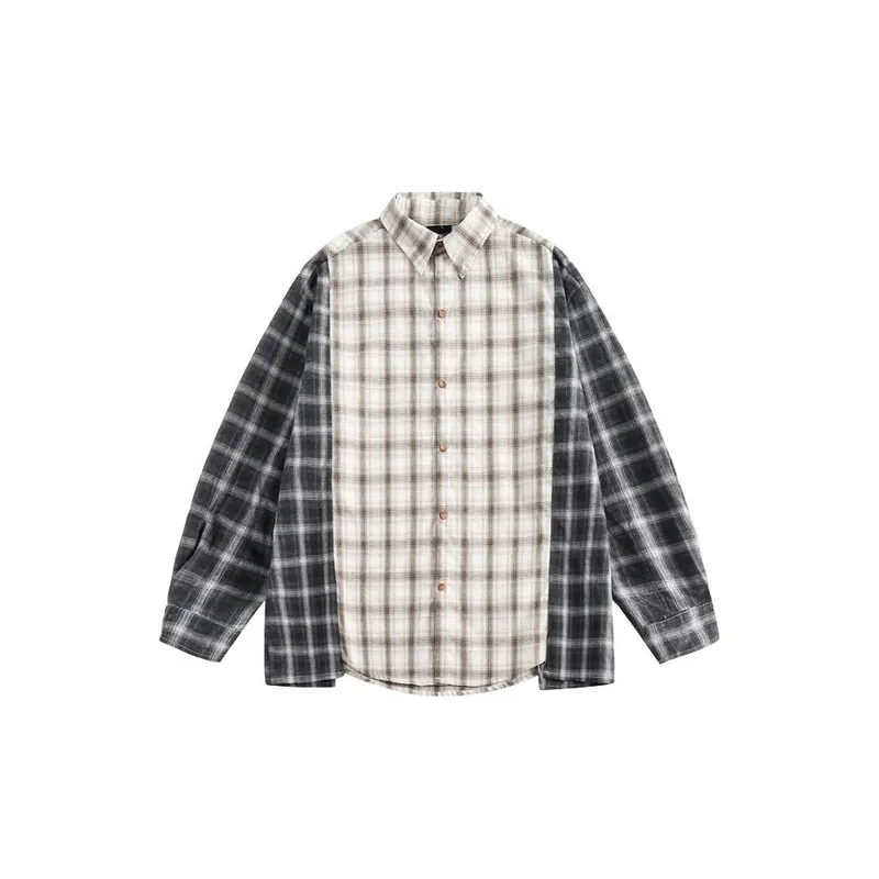 Retro Plaid Stitching Design Long Sleeve Shirt-0