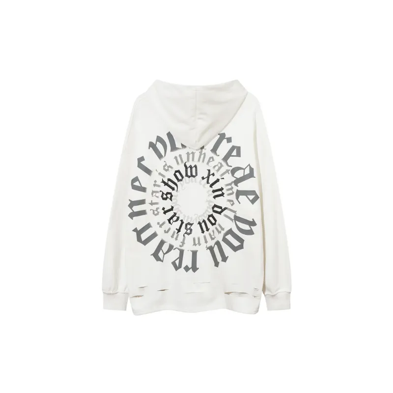 Hip hop Distressed Washed Design Foam Printing Fleece Loose Hoodie-3