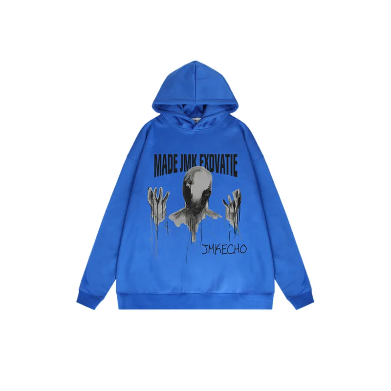 Retro Dark Ghost Print Fleece High Street Loose Hoodie-6