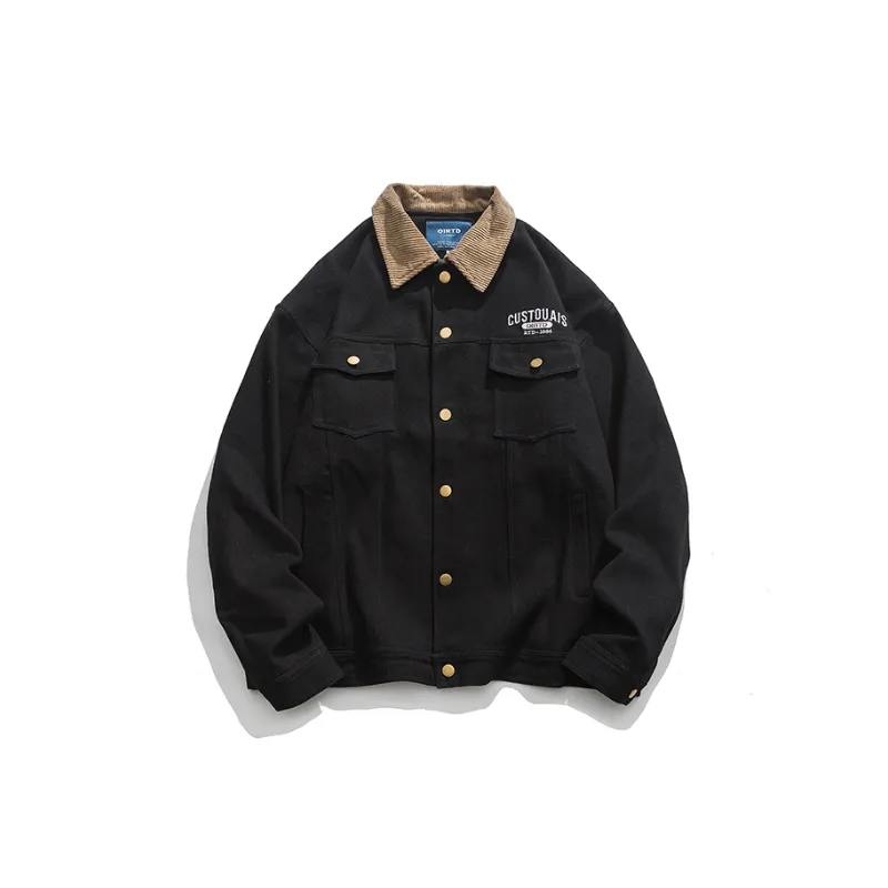 Vintage Loose Embroidered Letter Corduroy Lapel Cargo Jacket