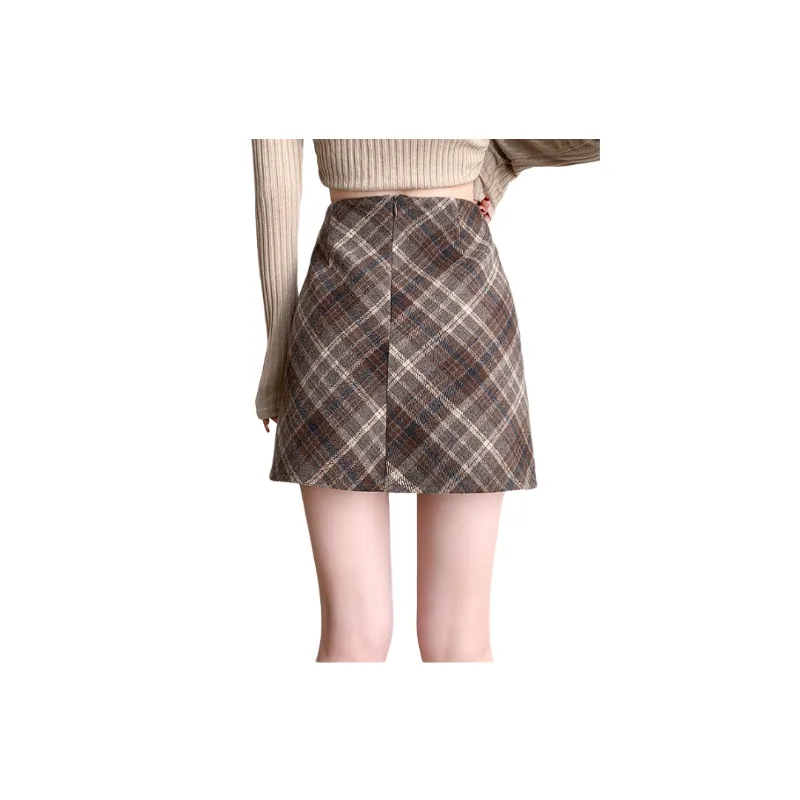 Retro Plaid Woolen Fabric Casual Skirt Women-5