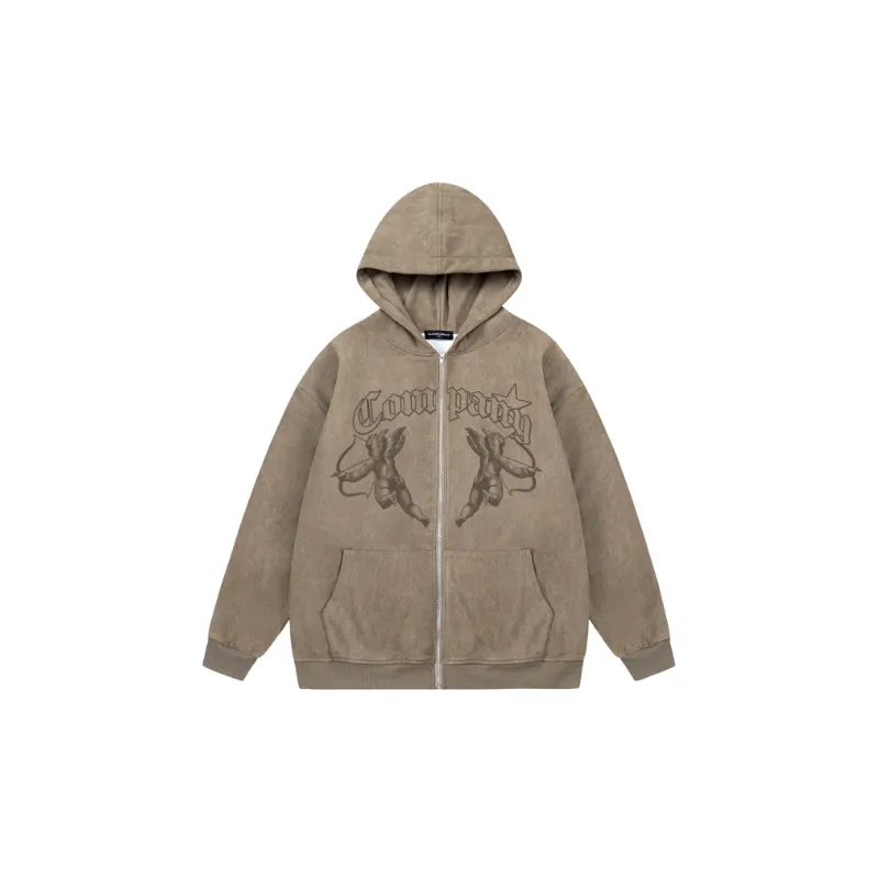 Trendy Distressed Angel Pattern Cardigan Padded Hooded Sweatshirt-4