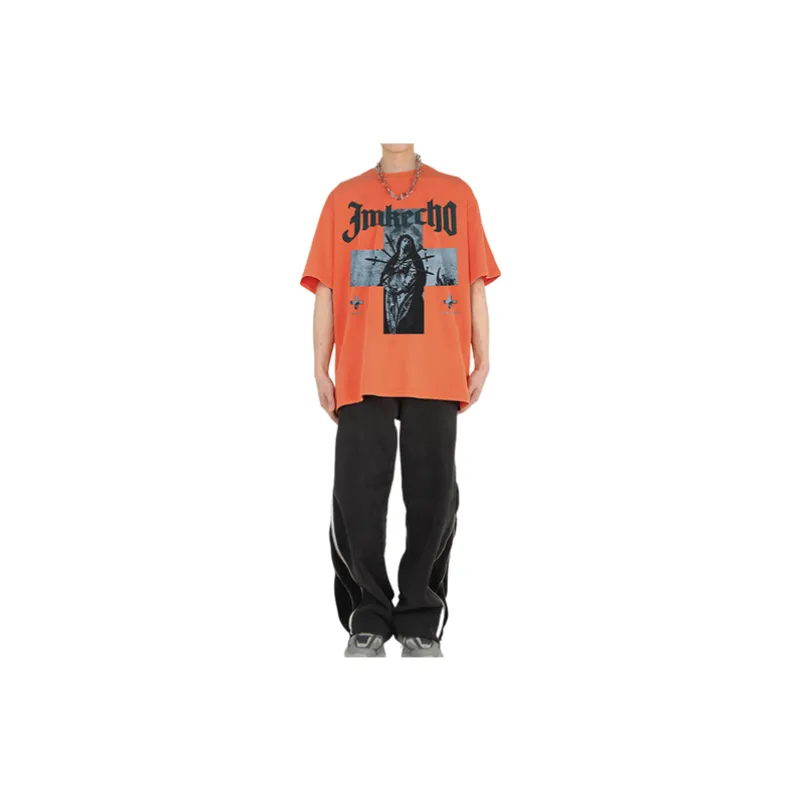 Retro Antique Washed Cross Figure Print T shirt-5