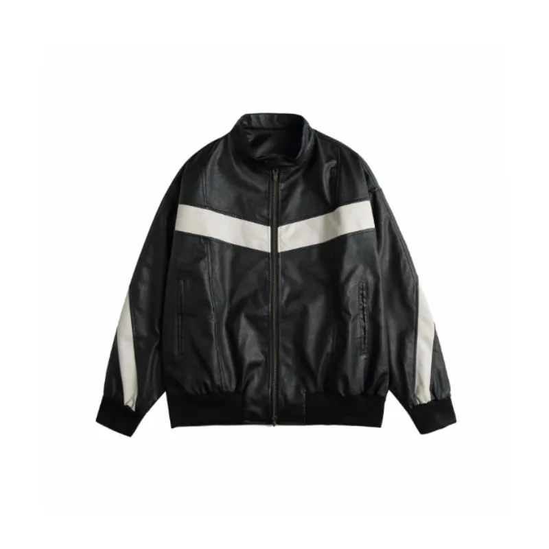 Retro Color Matching Collar Leather Casual Motorcycle Jacket-0