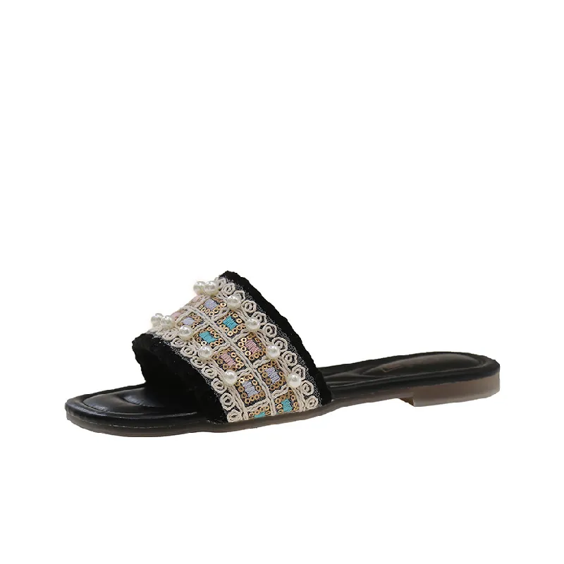 Contrast Color Pearls Beach Sandals-0