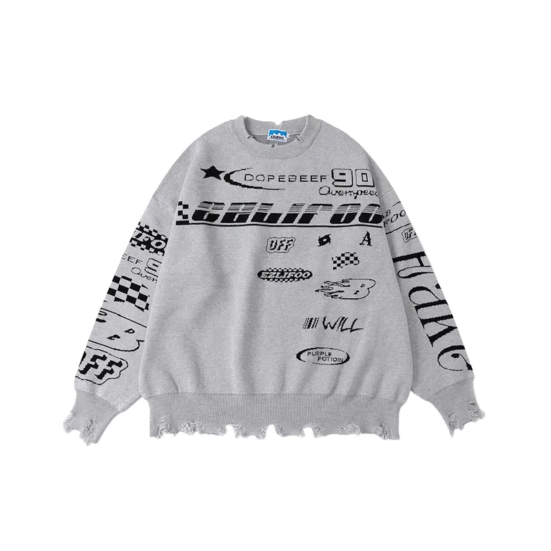 Trendy Brand Retro Fur Edge Racing Suit Alphabet Jacquard Black Sweater swag OOTD-2