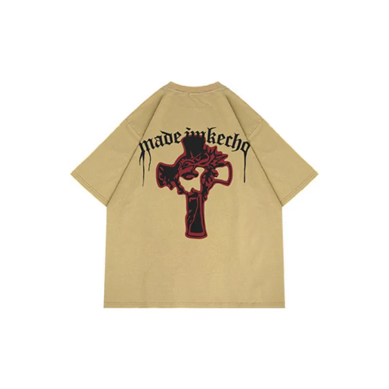 Vintage Cross Printed Washed Short sleeved T shirt-13