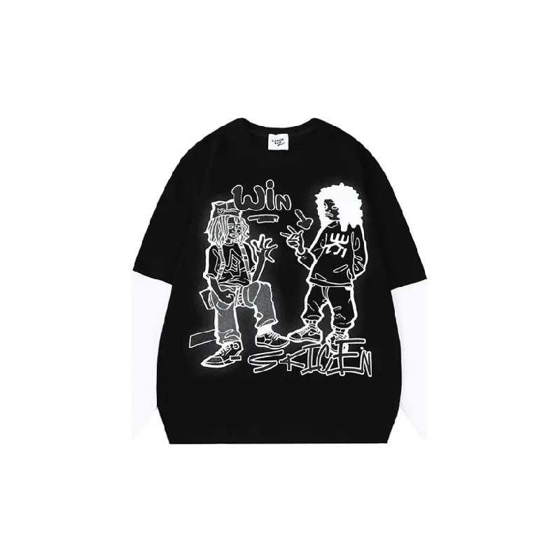 Retro Cartoon Printing Niche Design Contrast Color Stitching Fake Two piece Long sleeved Crewneck T shirt-0