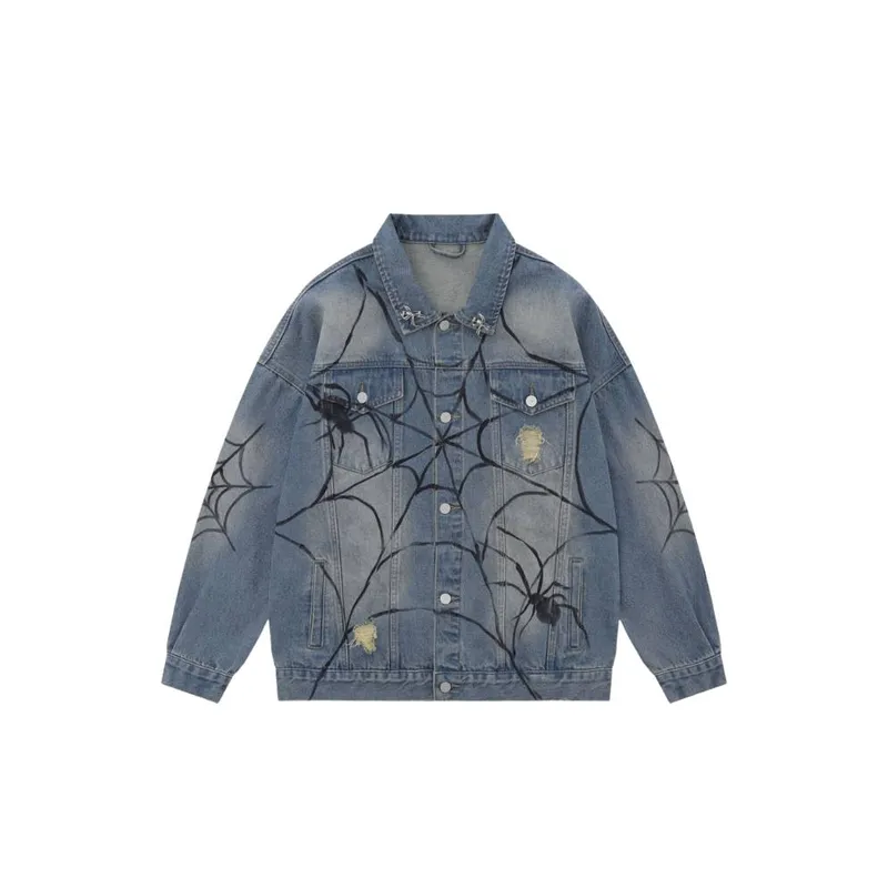 Spider Web Print Loose Denim Jacket-0