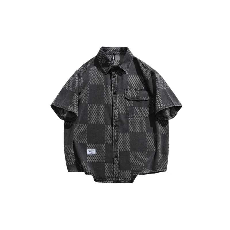 Retro Denim Plaid Short Sleeved Shirt-0