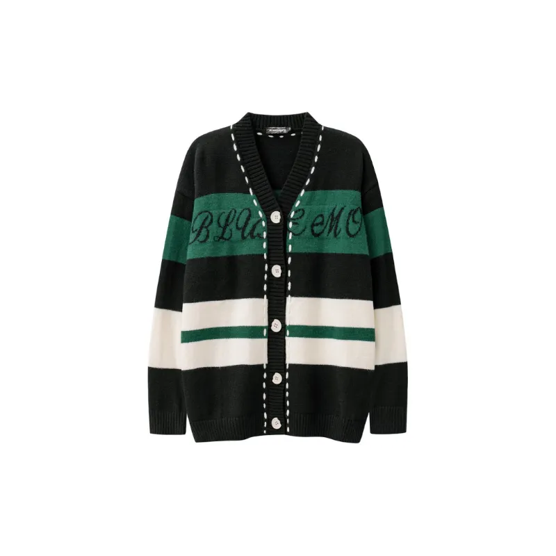 High Street Open Line Rope Color Matching Single breasted V neck Loose Trendy Brand Sweater-0