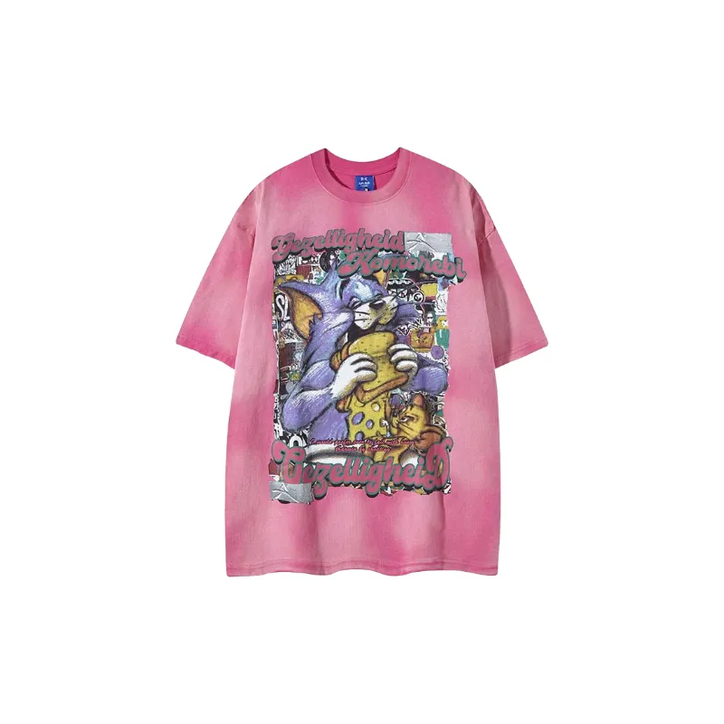 Cartoon Washed Cotton Blended Fabric T Shirt-0