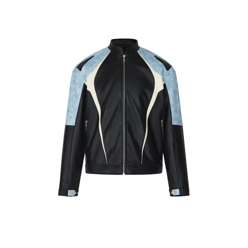 Thickened Motorcycle Jacket Washed Snob Contrast Color Jacket-1