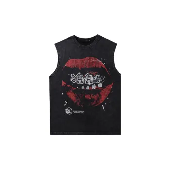 Retro Lips Washed Distressed Vest T Shirt