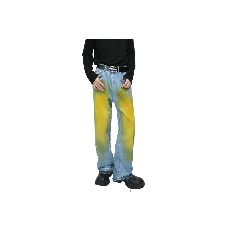 Retro Split Edge Grinding Yellow Hand painted Jeans-1