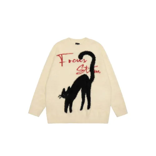 High Street Cat Letter Jacquard Mink Round Neck Sweater