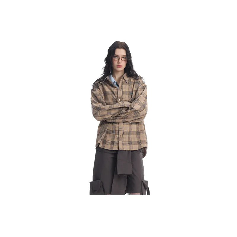 Retro Long Sleeve Plaid Cotton Blended Fabric Shirt-2