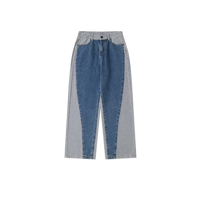 Stitching Loose Straight Color Contrast Jeans-0