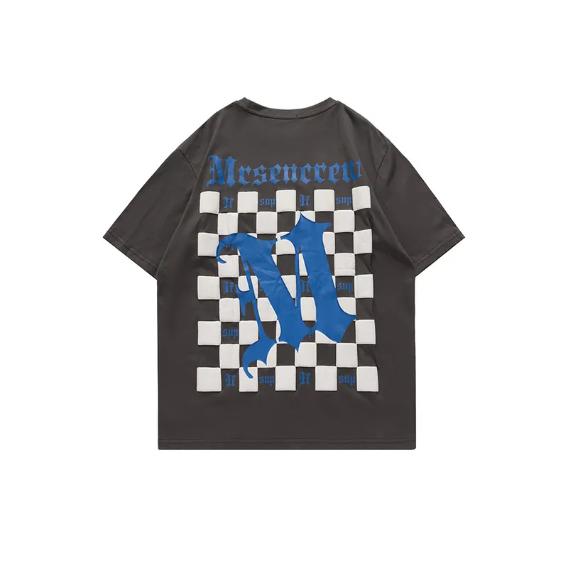 Checkerboard Grid Letters Printed Short Sleeved T Shirt-4
