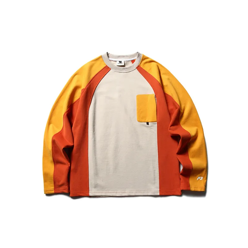 Retro Contrast Color Splicing Multi Pocket Crewneck Long Sleeve Sweatshirt-0