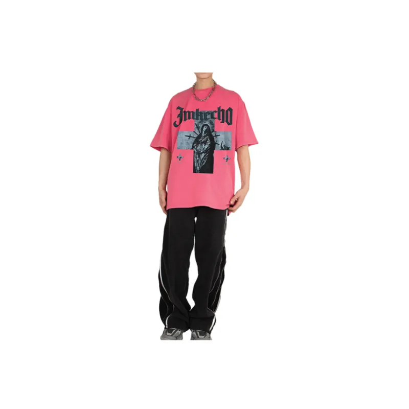 Retro Antique Washed Cross Figure Print T shirt-32
