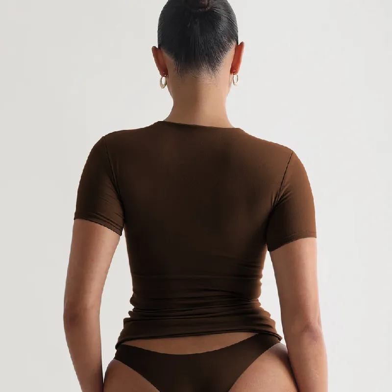 Fashionable Plain Naked Feel Single Sided Brushed Fabric T Shirt Women-3