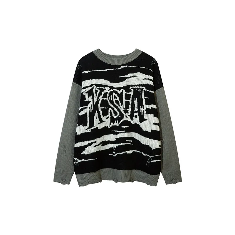 High Street Lazy Style Hole Yarn dyed Creative Pattern Loose Crewneck Sweater-0